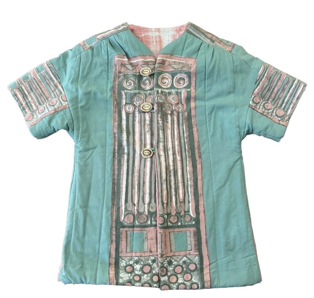 Handmade Quilted Artisan Jacket Green Pink Abstract Print Button Front Women’s M